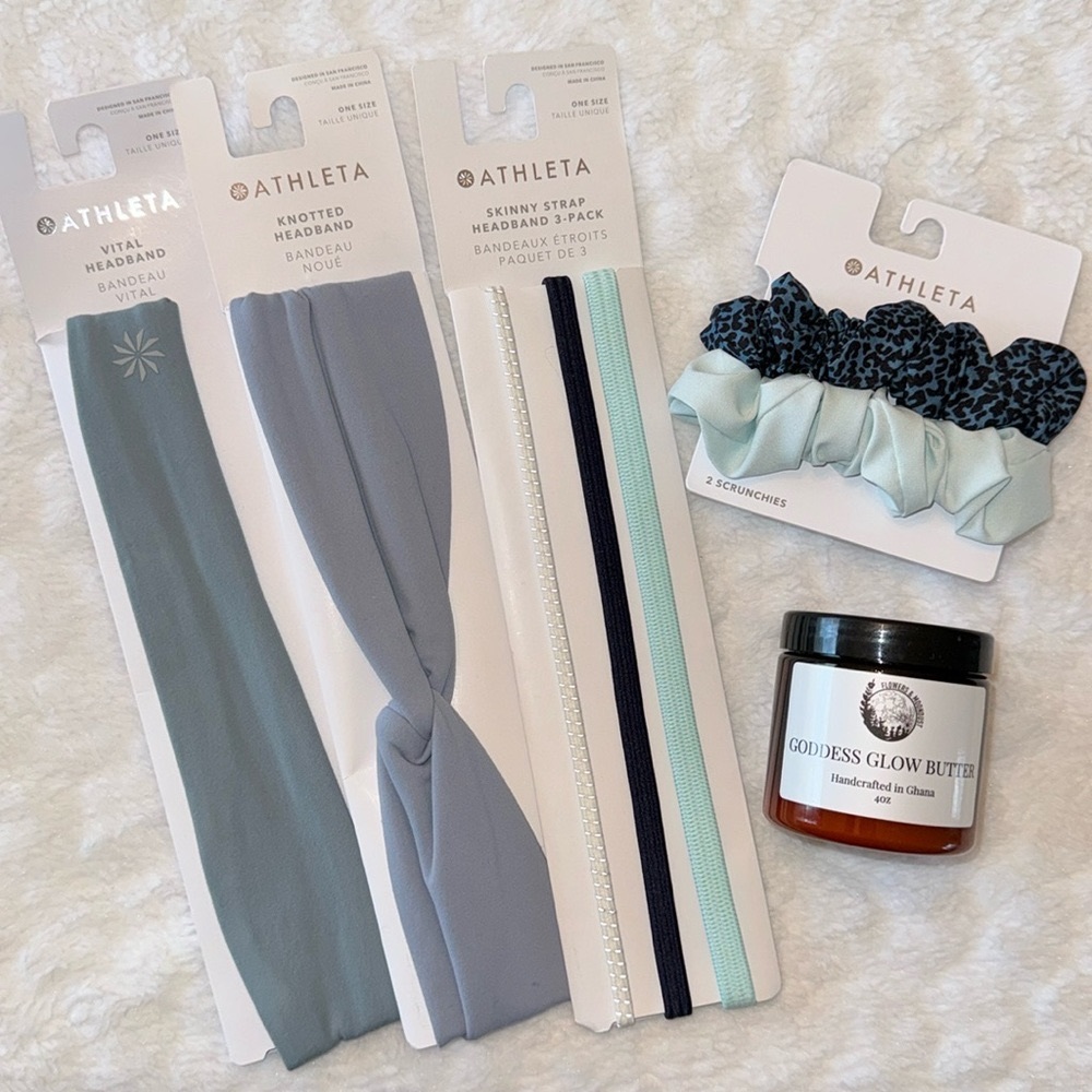 Athleta headbands, scrunchies and body butter